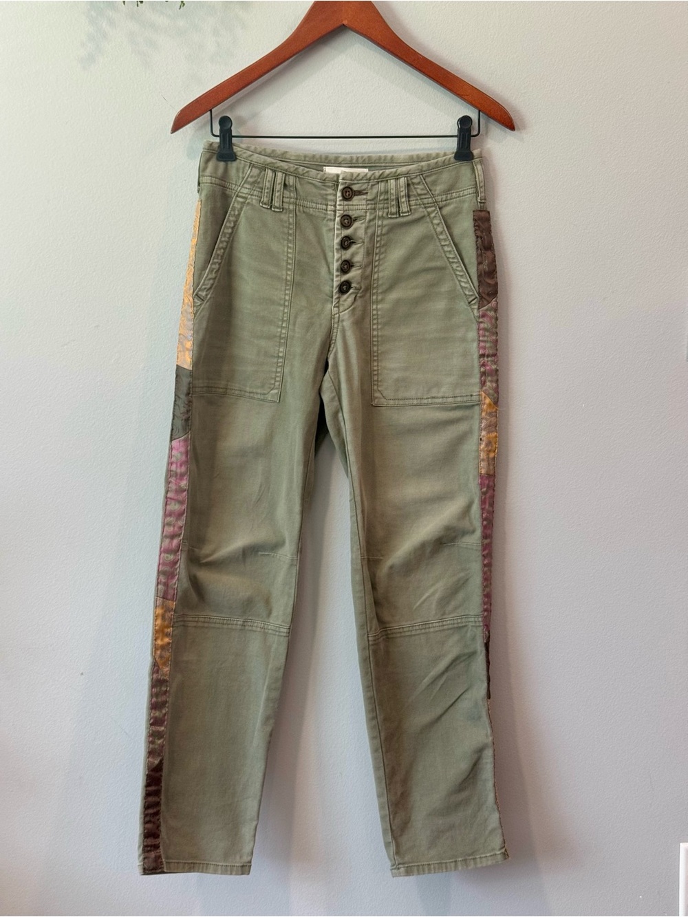 Anthropologie Olive Green High-Rise Jeans with Embroidered Side Trim Sz 26